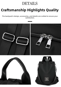 Close-up of waterproof black backpack showing durable fabric and silver metal hardware