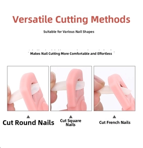 Pink acrylic nail tip cutter tool showing three ways to trim round, square and French nails