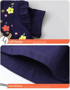 Detail of navy cotton knit sleeve with ruffles and floral star embroidery accents