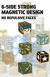 Macro detail of 6-sided magnetic cubes with camouflage patterns and soldier faces