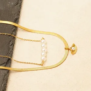 Collier Double Rang En Acier Inoxydable Plaqué Or 18K Pendentif Feuille De Ginkgo Künstliche Perle Élégance Vintage Français Femme