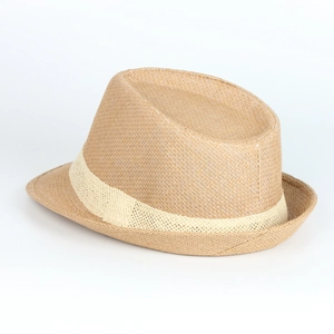 Detail of classic straw fedora with textured beige woven band on a light brown hat