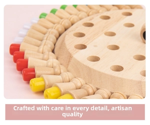 Close-up of polished wooden memory chess board with colorful pegs and smooth wood grain