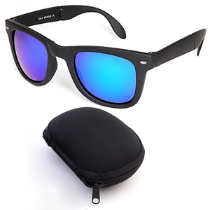Classic black foldable sunglasses with blue mirrored lenses and a black zipper travel case
