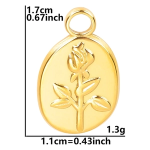 Detailed view of gold rose emboss pendant dimensions 1.7cm height and 1.3g weight