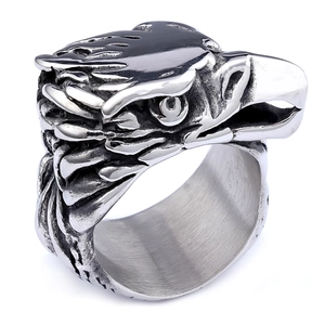 Vintage eagle head men's ring in distressed stainless steel with 3D carved details