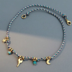 Boho Woven Cord Pendant Necklace 18K Gold Plated Stainless Steel Key Moon Star Charms Natural Stone Ethnic Jewelry