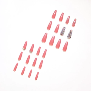 Kit 24 faux ongles longs coffin rose nude avec strass luxueux et paillettes brillantes