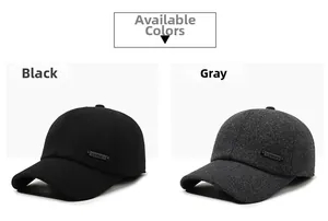 Detail view of winter baseball caps in black and grey felt with SPORT metal plaque