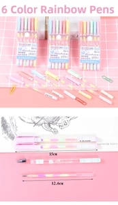Detail showing 6-color rainbow gel pen set with 0.8mm nib and gradient ink inside