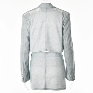 Vue arrière de l'ensemble deux pièces argenté brillant avec blazer court et mini-jupe