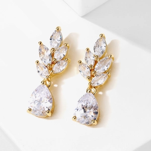 Elegante goldene Blatt-Ohrringe mit Zirkonia in Marquise- und Birnenform für die Hochzeit