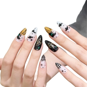 Halloween stiletto press-on nails set featuring black bat, spider web and gold pumpkin designs