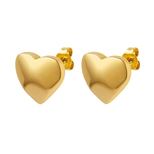 Polished heart shaped gold titanium steel stud earrings with butterfly backs for women