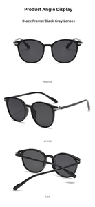 Three-angle view of round frame sunglasses with black frames and grey lenses