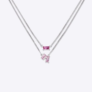 Double-layered 925 silver necklace with pink rectangular and oval zircon stones