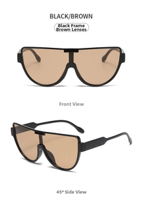 Front and 45-degree side views of black oversized sunglasses with brown tinted lenses