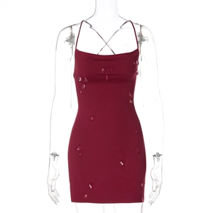 Detailed close-up of wine red backless mini dress featuring sparkling drop rhinestones