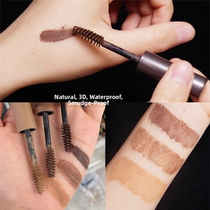 Waterproof eyebrow gel detail showing three shades and fine spiral brush applicator