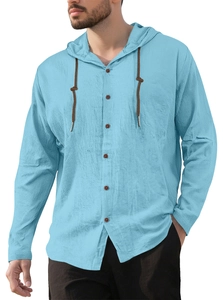 Detail of men's light blue cotton hoodie shirt with wood buttons and drawstring texture