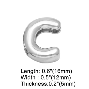 Polished silver metal letter C charm pendant with dimensions 16mm x 12mm x 5mm