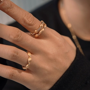 Chic S925 silver champagne gold matte rings set with brushed texture and zircon accents