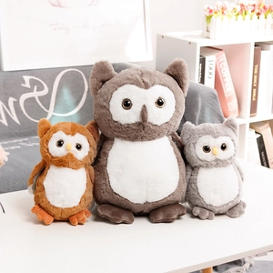Three creative owl plush toys in brown and grey colors for home decor and kids gifts