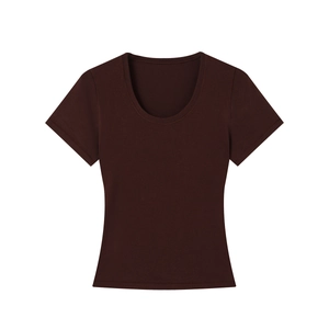Detail of slim fit dark brown U-neck T-shirt with smooth texture and high-quality fabric