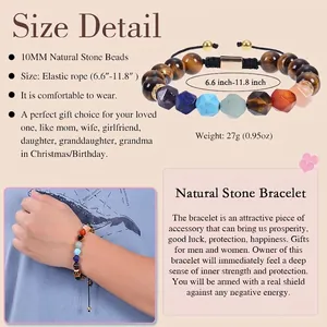 Adjustable 10mm tiger eye and natural stone faceted beaded bracelet for yoga and wellness