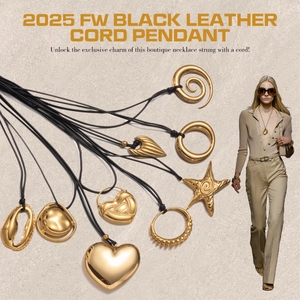 2025 FW collection featuring black leather cord necklaces with gold geometric pendants