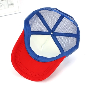 Detailed view of breathable mesh back and adjustable strap on red and blue trucker hat