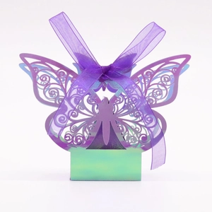 Detail of laser-cut butterfly gift box with purple hollow design and iridescent finish