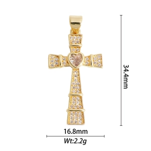 Pendentif croix doré avec pierres claires et cœur central, 34,4 mm x 16,8 mm, poids 2,2 g