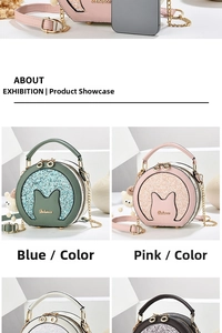 Detail of mini round shoulder bag with cat ear design and glitter sequin finish