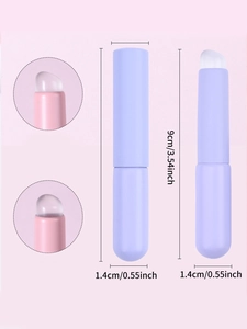 Detail view of a 9cm portable silicone lip brush with dimensions and protective cap