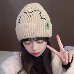 Women Winter Warm Acrylic Knitted Beanie Hat With Cute Bear Embroidery Cloth Label Fashion Casual Cold Weather Skull Cap