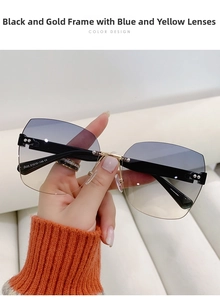 Close-up of rimless gradient blue-yellow sunglasses with golden rivet bridge detail