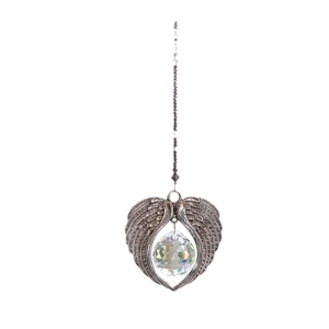 Crystal suncatcher with silver angel wings and multifaceted ball for home window decor