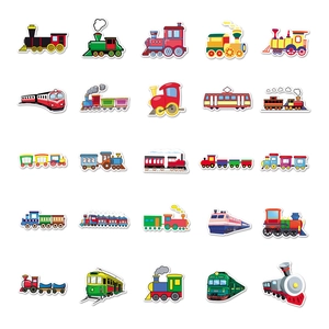 Collection of 25 colorful cartoon train stickers featuring steam engines and subway cars