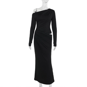 Detail of elegant black slim fit dress featuring off-shoulder neck and waist cutout draping