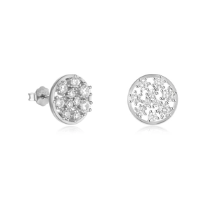 Macro detail of S925 sterling silver hollow round stud earrings with sparkling cubic zirconia