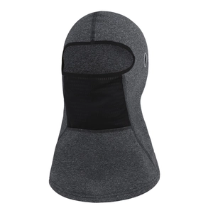 Detail of windproof balaclava featuring breathable black mesh and grey knitted texture