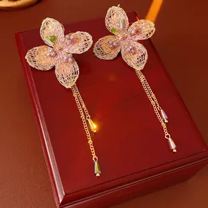 Handmade Woven Flower Long Tassel Earrings With Glass Beads And Silver Earring Post Vintage Court Style Elegant For Women