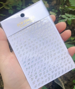 Detail of silver 3D alphabet nail stickers WG720 with holographic finish on white backing