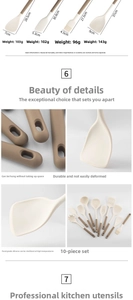 Detailed size chart for 10-piece silicone kitchen utensil set with heat-resistant tools