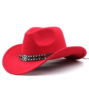 Classic red felt western cowboy hat with brown leather band and metallic decorative rivets