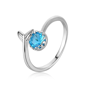 Elegant fishtail couple ring with a round blue gemstone in silver metal finish