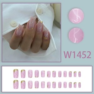 Pink marble reusable press-on nails with gold foil in long coffin shape 24pcs set