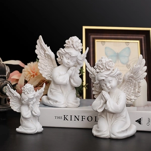 Three-piece white resin angel statues set for modern home decor and tabletop ornament