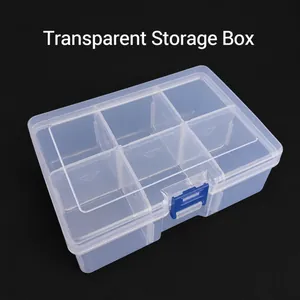 Transparente Kunststoff-Organizerbox mit 6 Fächern, Trennwänden und blauem Verschluss
